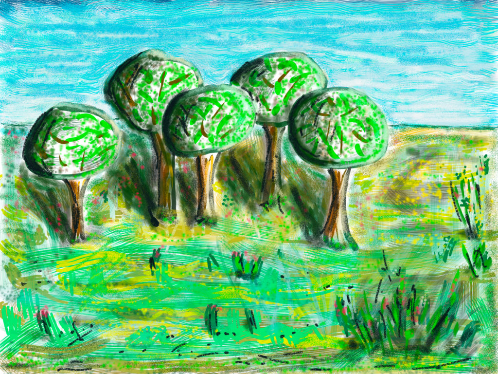 Fem træer på en eng, 2017