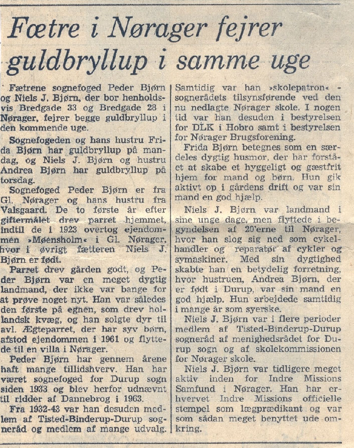 Avisartikel i anledning af Peder og Fridas guldbryllup, 1971